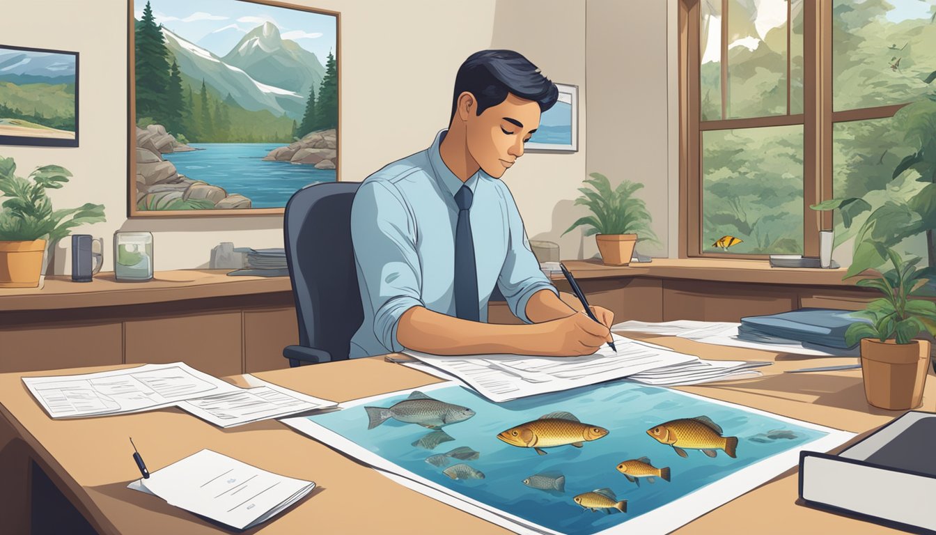 A person filling out paperwork at a government office, surrounded by images of freshwater fish and nature scenes