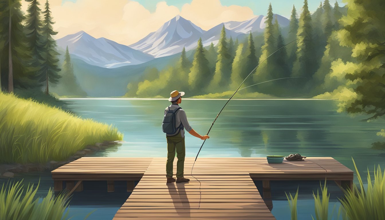 A person standing at a wooden dock, casting a fishing line into a calm freshwater lake surrounded by lush green trees and mountains in the background