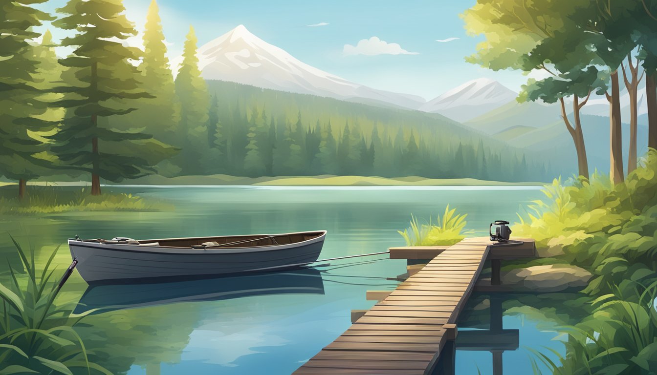 A serene lake surrounded by lush greenery, with a fishing rod and license displayed on a wooden dock