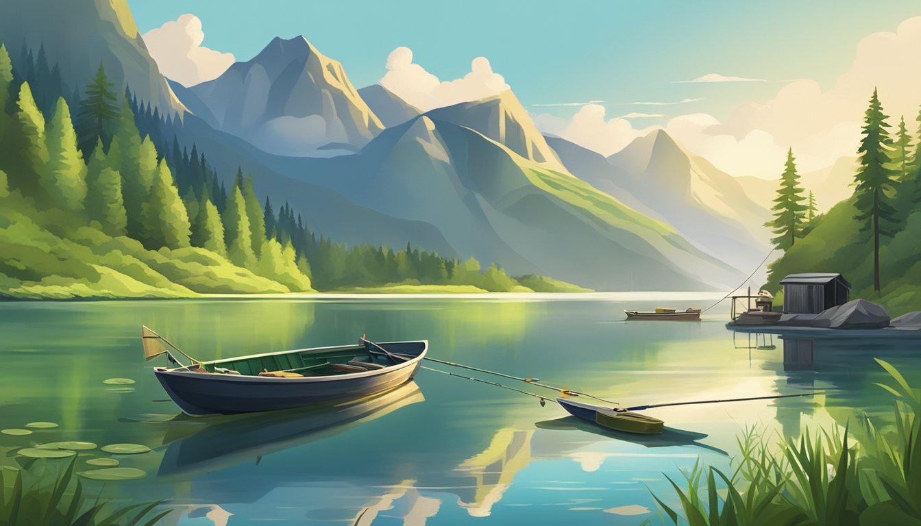 A serene lake surrounded by lush green mountains, with a fishing boat and fishing gear set up on the shore