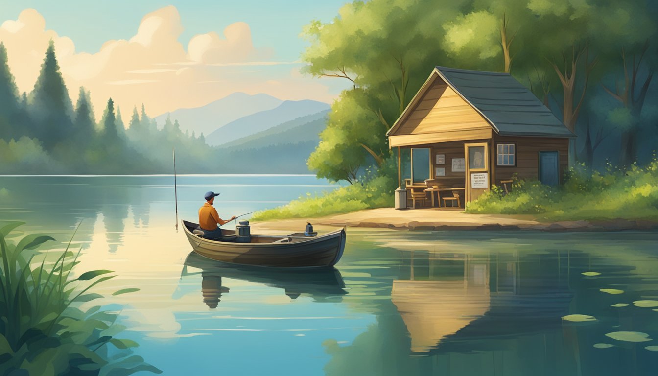 A serene lake surrounded by lush greenery, with a fishing boat and a person purchasing a fishing license from a kiosk on the shore