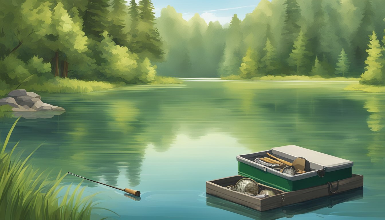 A serene lake surrounded by lush green trees, with a fishing rod and tackle box next to a sign displaying "Freshwater Fishing License Required."