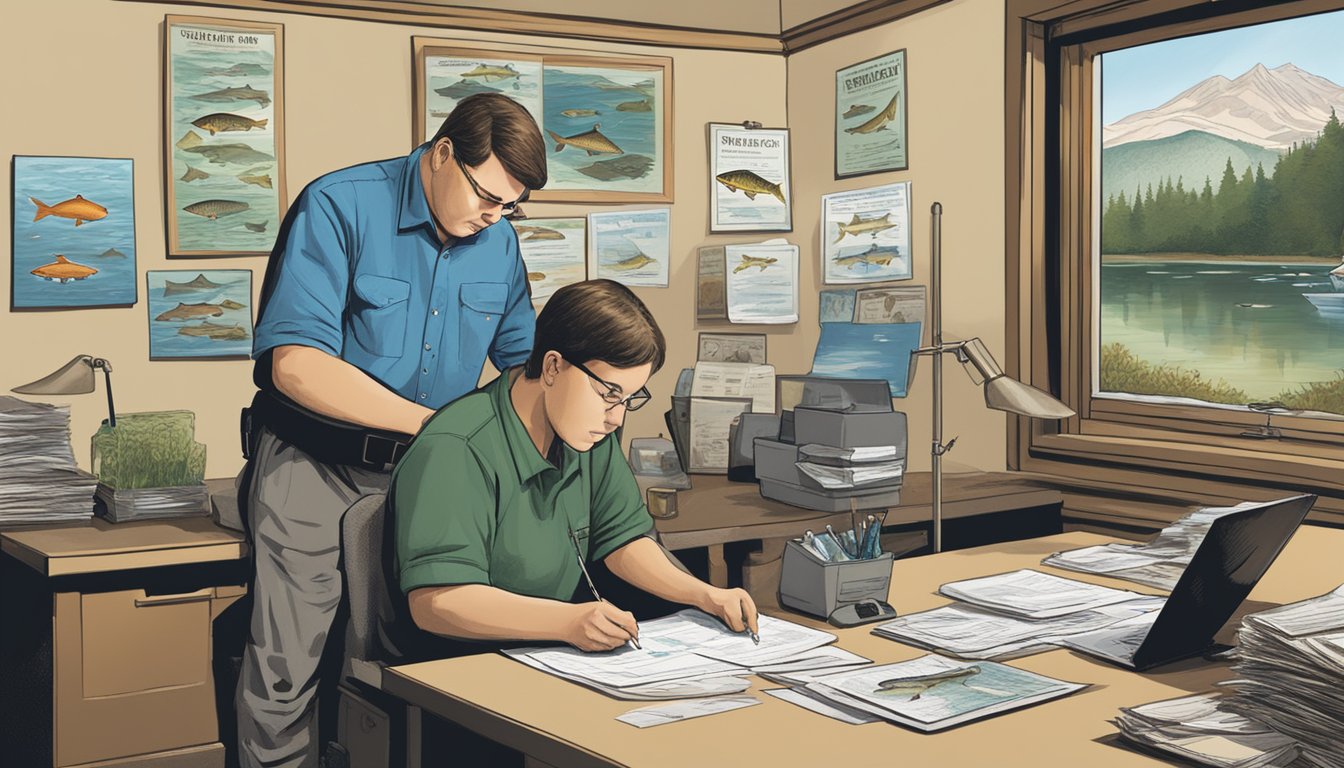 A person filling out paperwork at a state office, surrounded by posters of fish and wildlife, while a clerk assists them in obtaining a freshwater fishing license in Pennsylvania