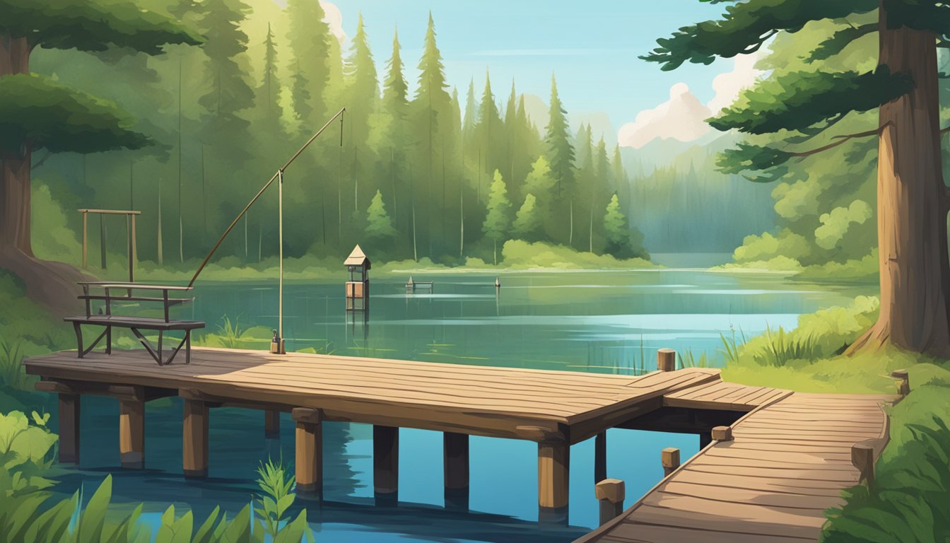 A serene lake with a wooden dock, surrounded by lush green trees. A signpost displays fishing regulations, while a ranger station sits in the background