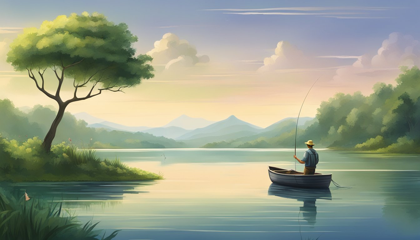 A serene lake surrounded by lush greenery, with a fishing boat and a fisherman casting a line into the water