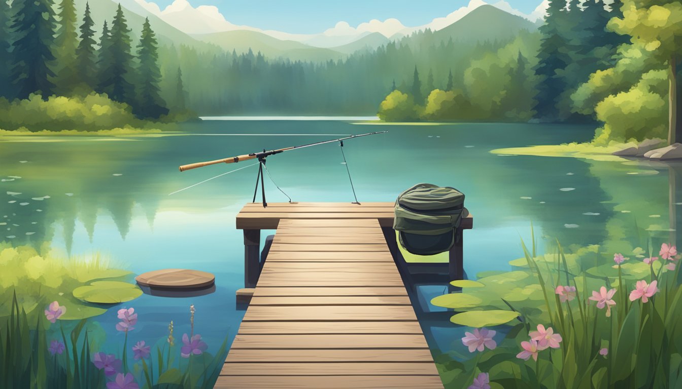 A serene lake surrounded by lush green trees, with a fishing rod and a fishing license displayed on a wooden dock