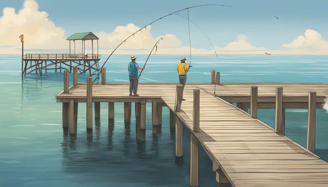 A person standing at a fishing pier, casting a line into the calm waters of the Gulf of Mexico. A sign nearby displays information about obtaining a saltwater fishing license in Alabama