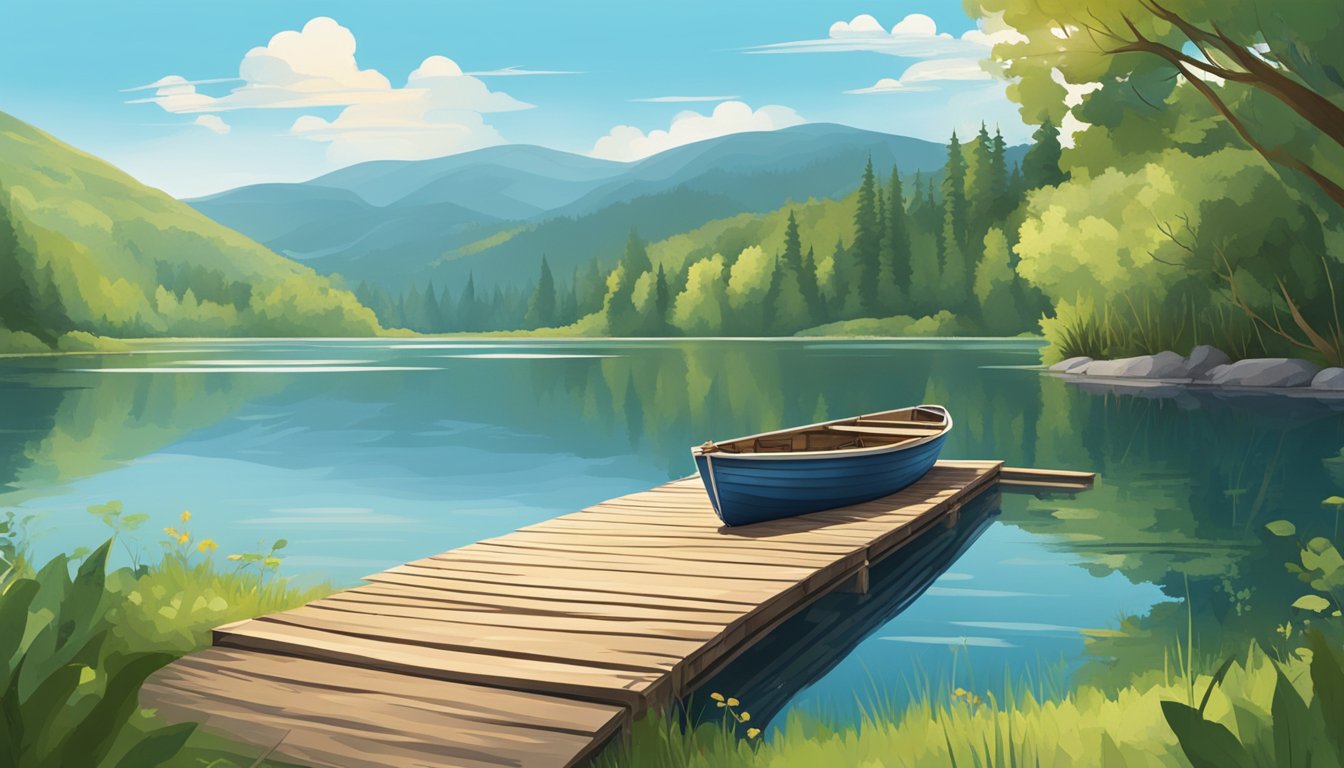 A serene lake surrounded by lush forests, with a wooden dock and a fishing boat, set against a backdrop of rolling hills and a clear blue sky