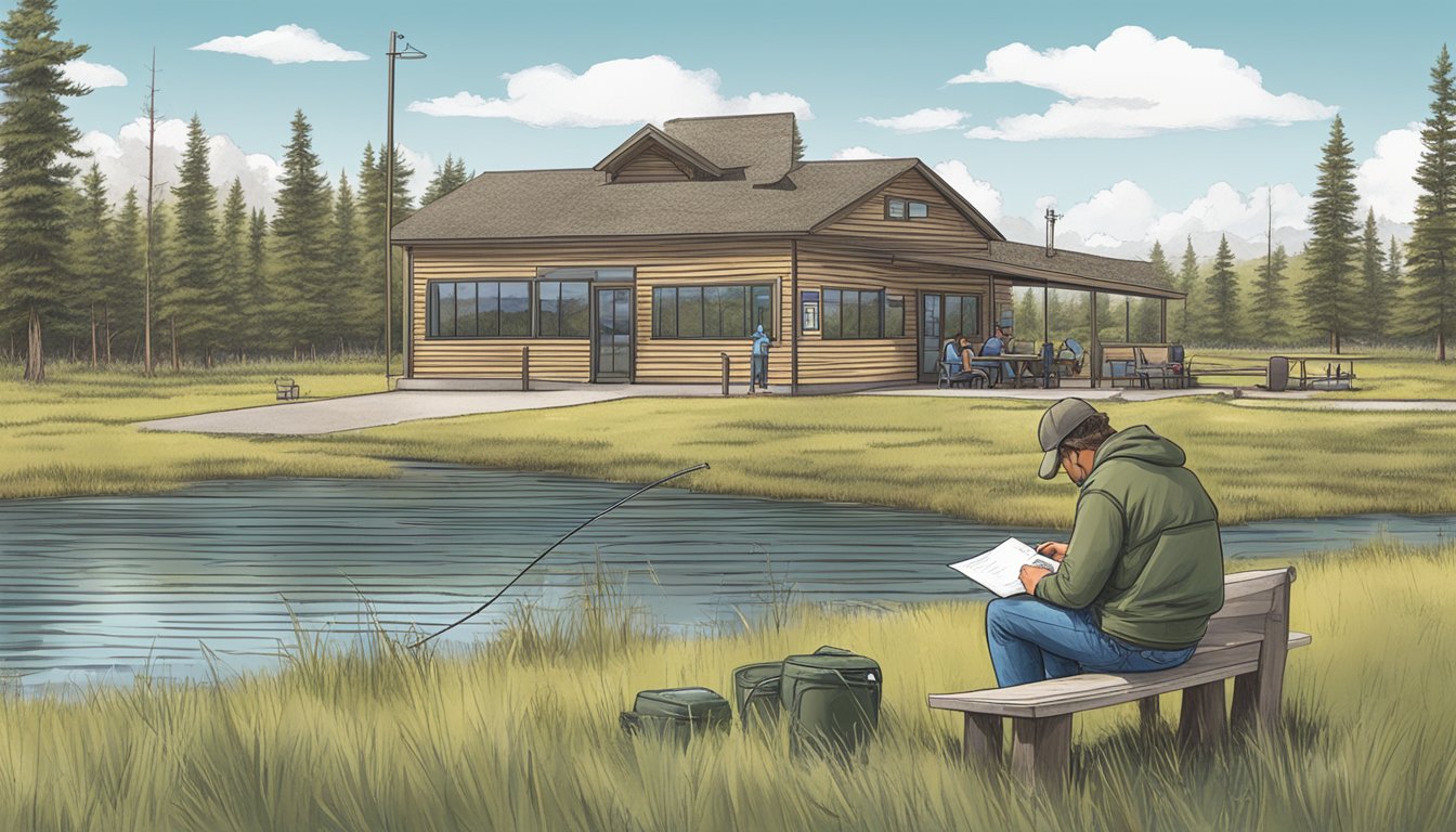 A person filling out a fishing license application at a South Dakota Department of Game, Fish, and Parks office