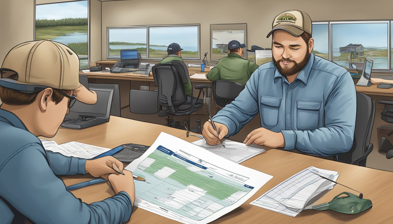 A person filling out a freshwater fishing license application at a South Dakota government office