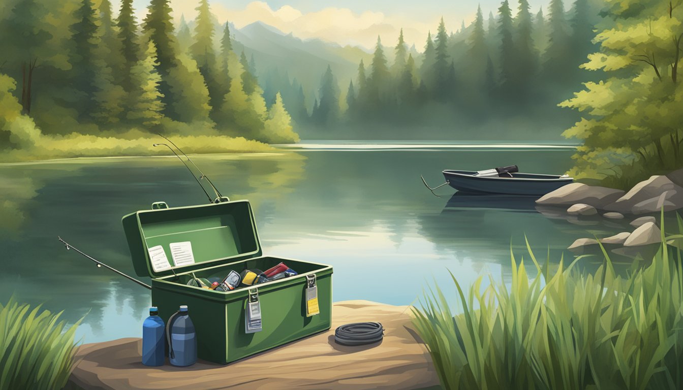 A serene lake surrounded by lush greenery with a fishing rod and tackle box on the shore, and a sign indicating "Freshwater Fishing License Required."