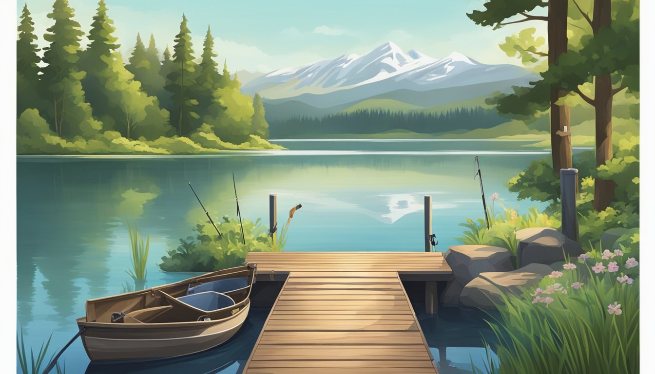 A serene lake with a wooden dock, surrounded by lush green trees and mountains in the distance. A fishing rod and tackle box sit on the dock, ready for use