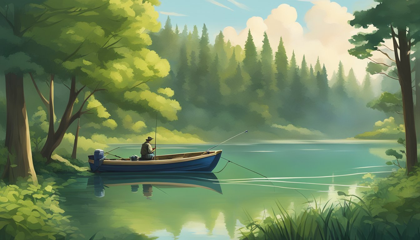 A serene lake surrounded by lush green trees, with a fishing boat and a fishing rod on the shore. A sign displaying freshwater fishing regulations and bag limits is posted nearby