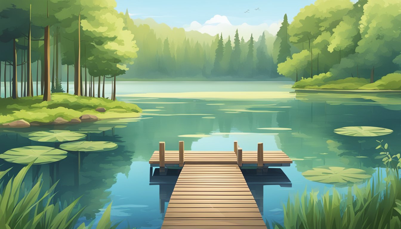 A serene lake surrounded by lush greenery, with a wooden dock stretching out into the water. A sign with fishing regulations is posted nearby