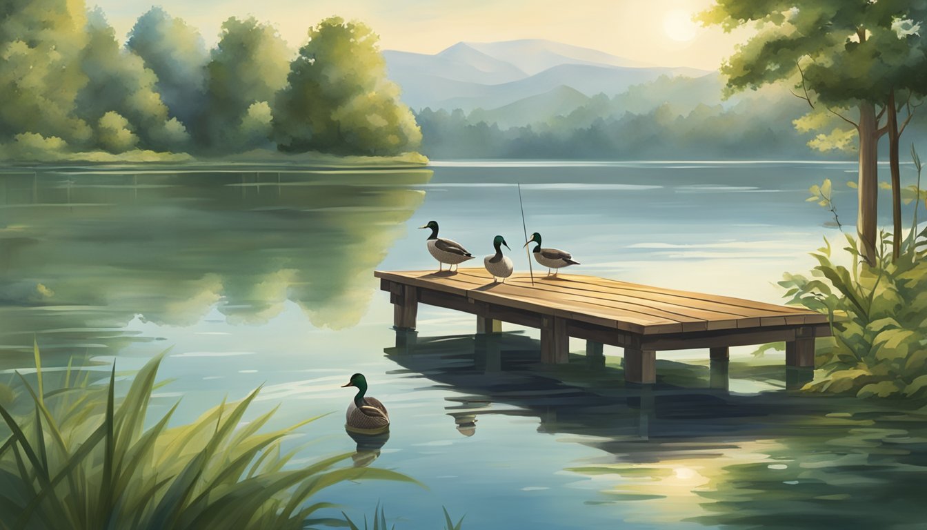 A serene lake surrounded by lush greenery, with a wooden dock stretching out into the water. A fishing rod and tackle box sit on the dock, while a family of ducks swims nearby