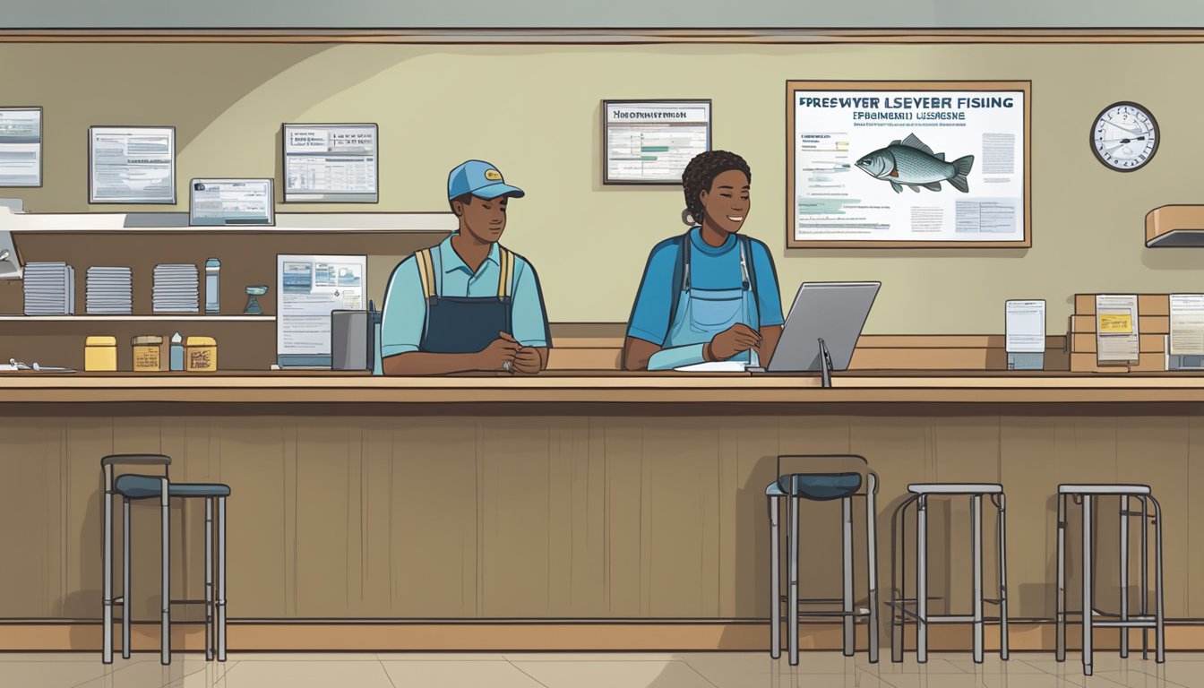 A person standing at a counter, filling out paperwork while talking to a clerk. A sign on the wall displays the requirements for a freshwater fishing license in Michigan