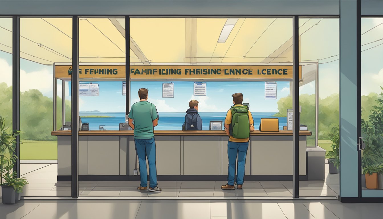 A person standing at a Michigan fishing license office, filling out paperwork and paying fees at the counter. Outdoor scenery visible through the window