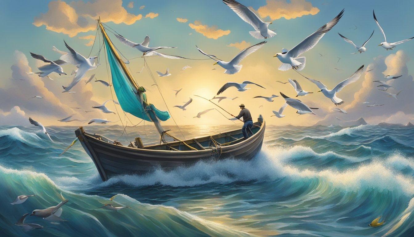 A fishing boat on the open ocean, with a fisherman casting a net into the water, surrounded by seagulls and other marine life