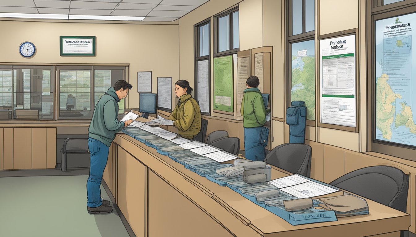 A person filling out a form at a Michigan Department of Natural Resources office, with a sign displaying "Freshwater Fishing License" on the wall