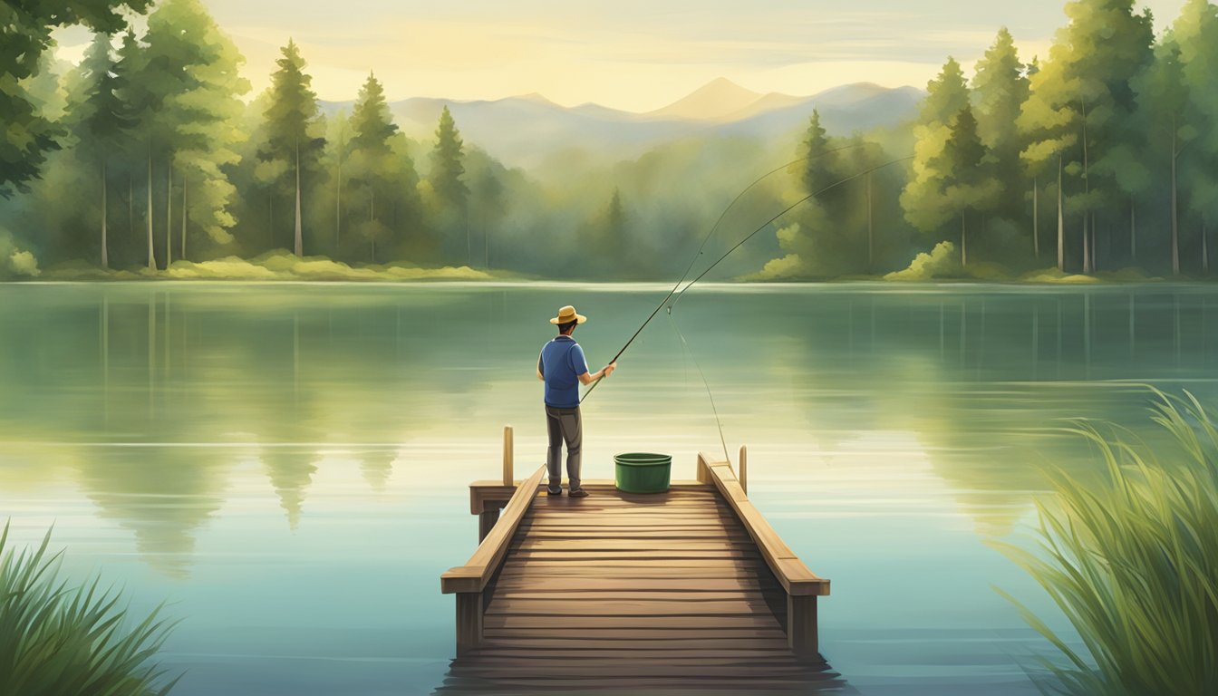 A person standing at a wooden dock, casting a fishing line into a calm freshwater lake surrounded by lush green trees