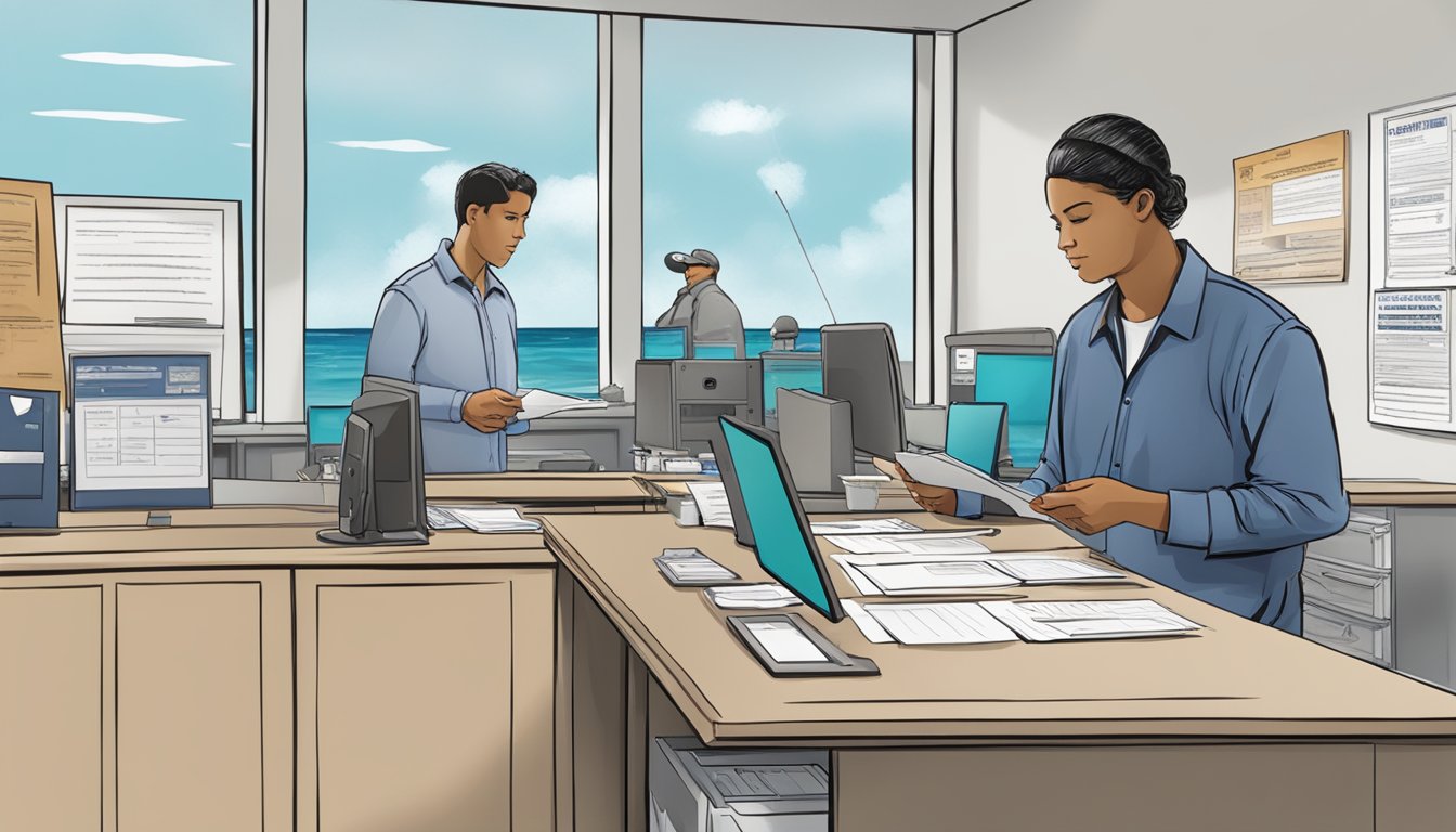 A person standing at a government office counter, filling out paperwork and presenting identification to obtain a saltwater fishing license in Hawaii