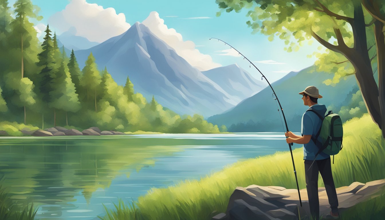 A person holding a fishing rod standing by a tranquil freshwater lake with lush green trees and mountains in the background