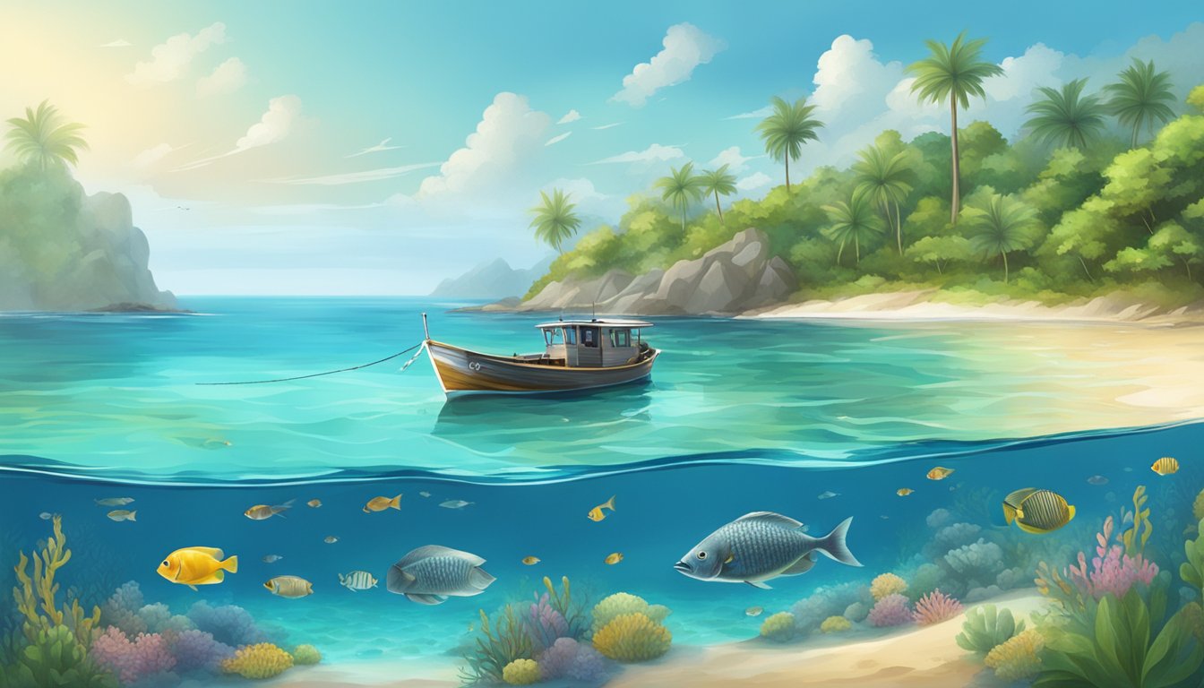 A serene coastline with crystal clear waters, a fishing boat on the horizon, and a variety of fish swimming beneath the surface