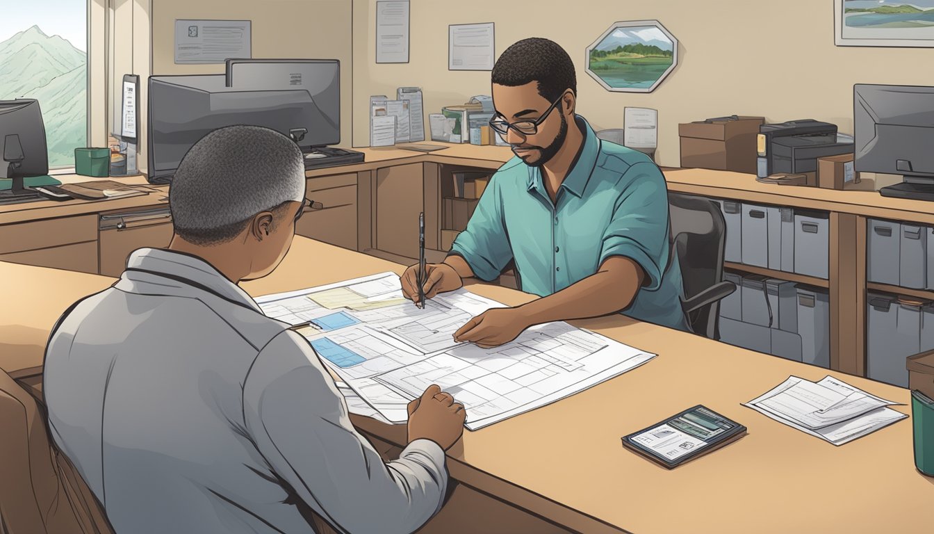 A person filling out a form at a government office, handing over identification and payment for a freshwater fishing license in Washington