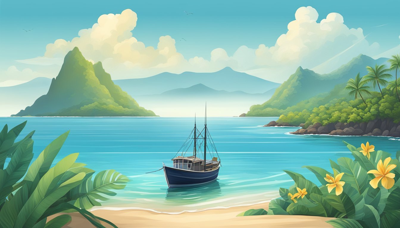 A serene ocean scene with a fishing boat on calm waters, surrounded by tropical Hawaiian islands and a clear blue sky