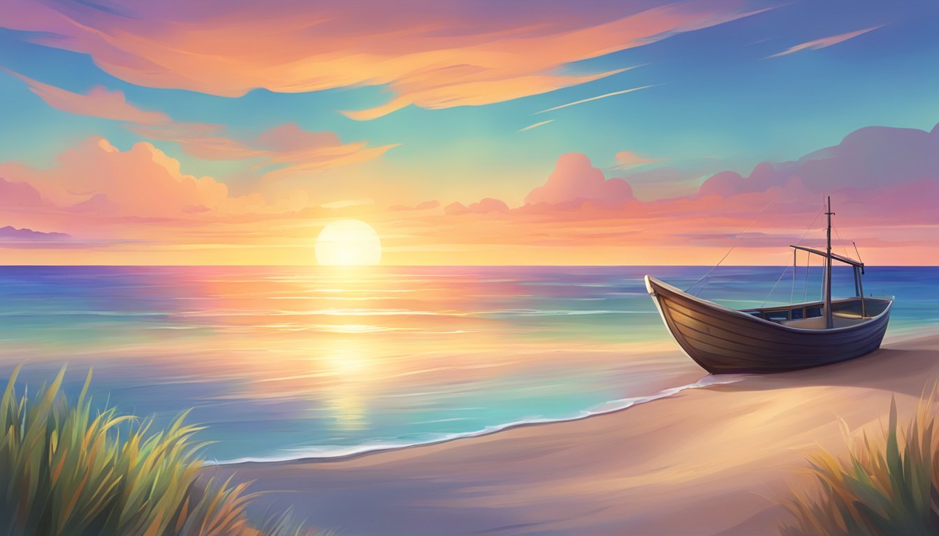 A serene beach with a calm ocean, a fishing boat on the horizon, and a colorful sunset in the sky