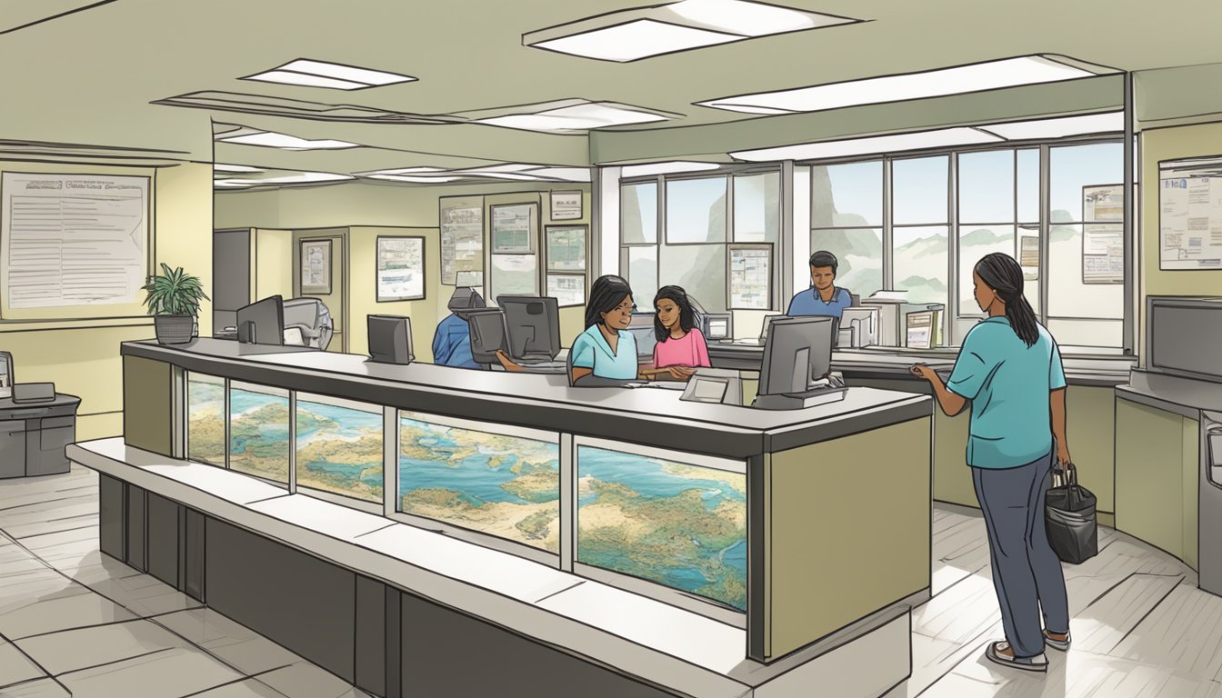 A person standing at a government office counter, filling out paperwork for a saltwater fishing license in Hawaii. The clerk is assisting them with the process