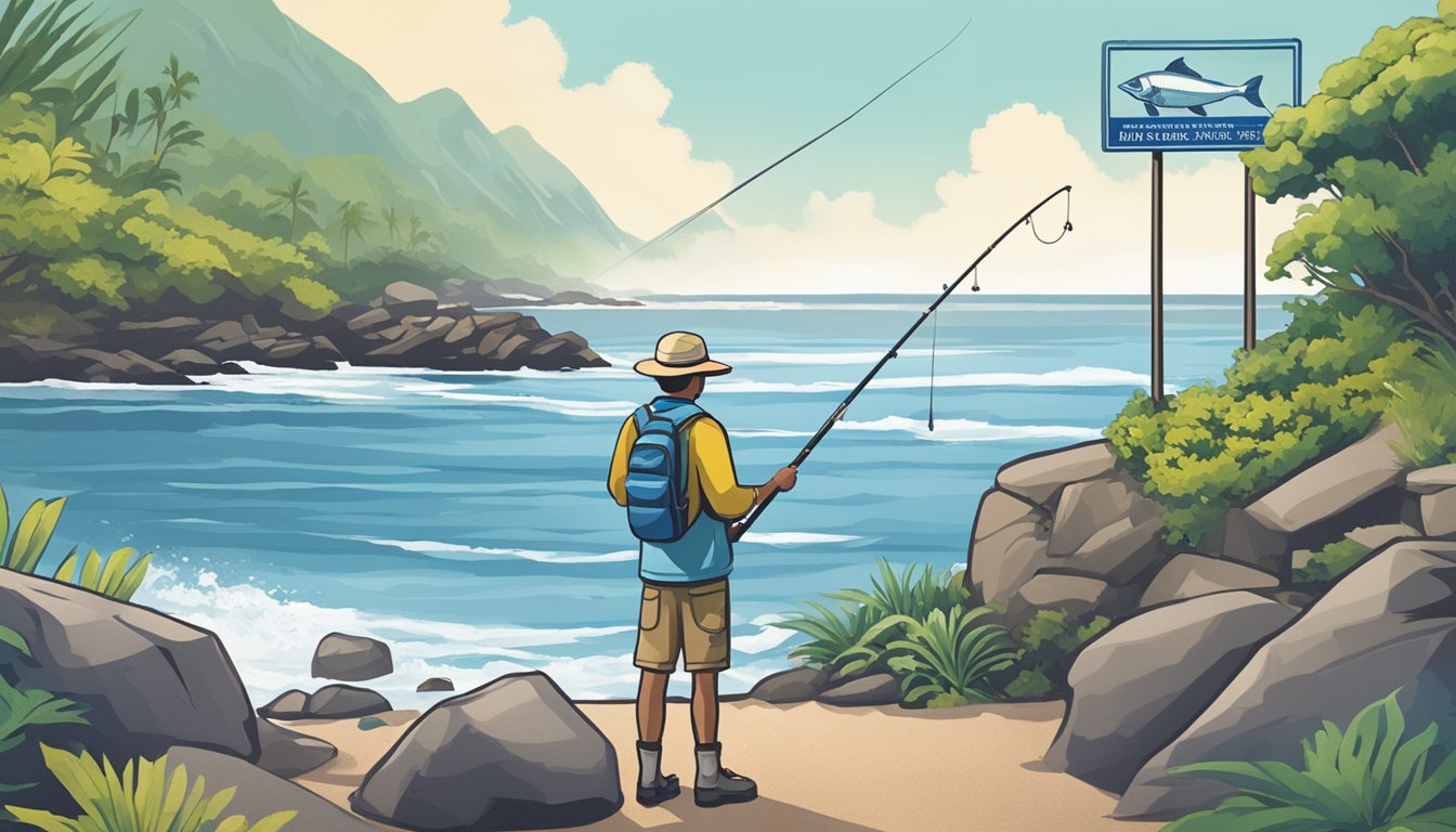 A person holding a fishing rod stands on a rocky shore, with a calm ocean in the background. A sign displaying information about obtaining a saltwater fishing license in Hawaii is visible nearby