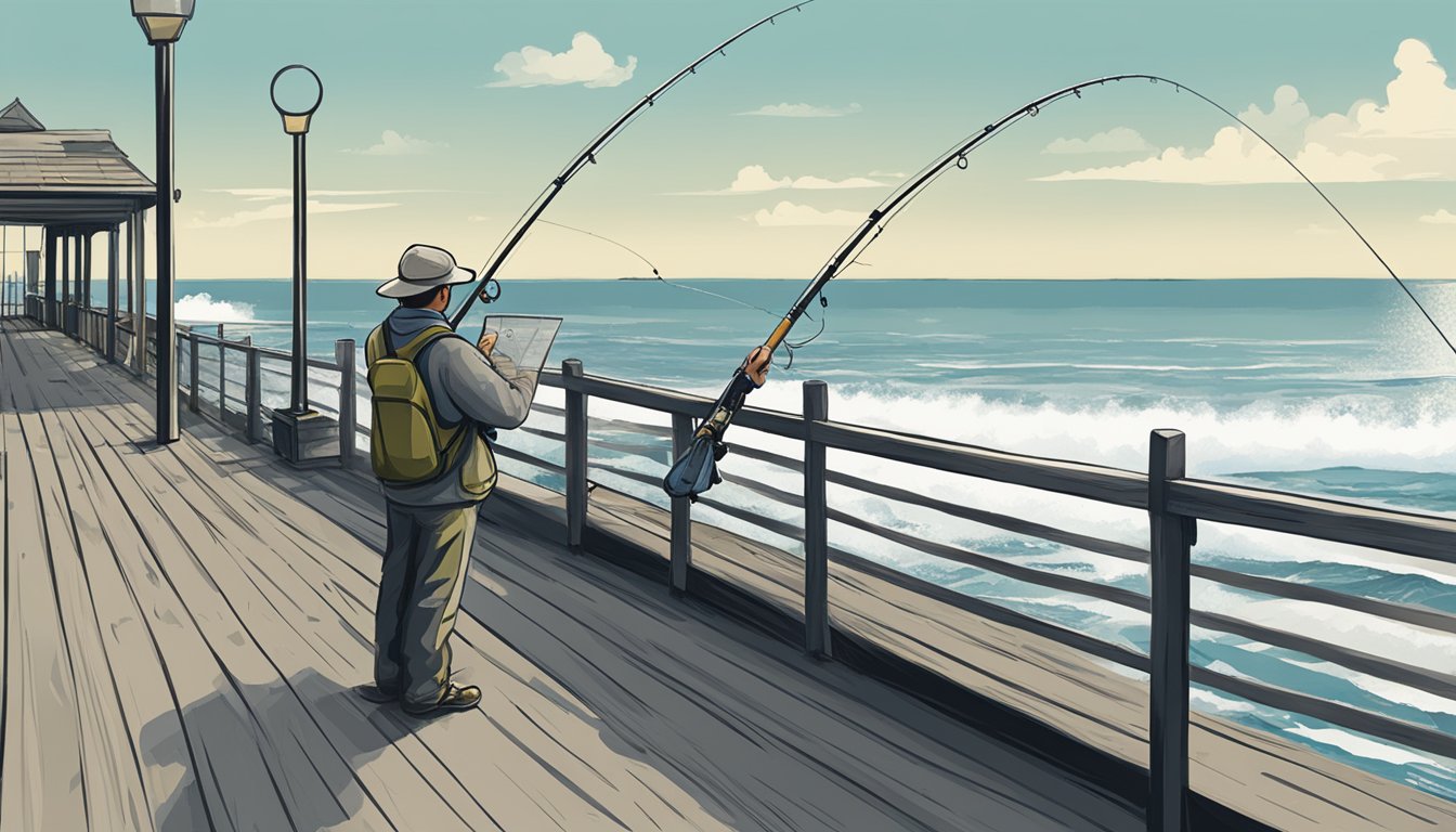 A person standing at a fishing pier, holding a fishing rod and looking out at the ocean. A sign nearby displays information about saltwater fishing licenses in New York