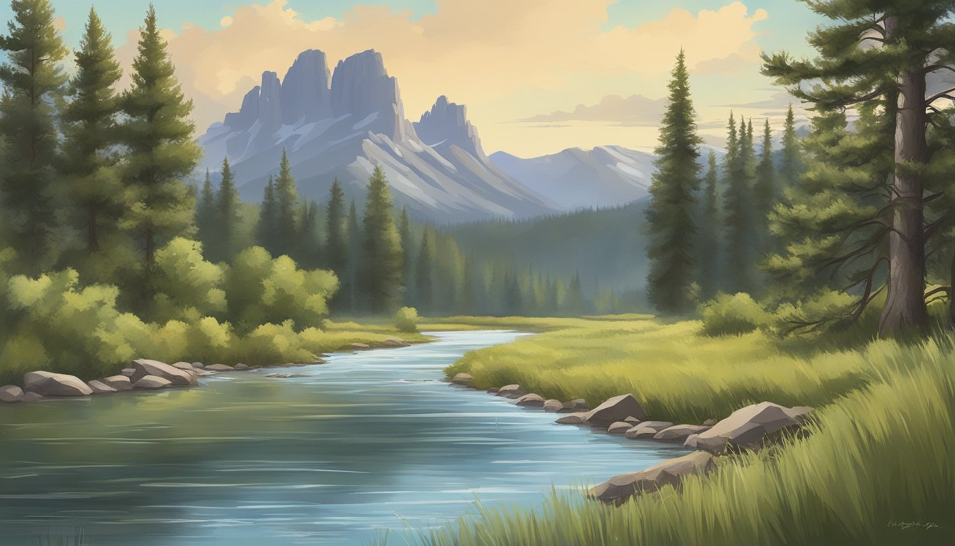 A serene river winding through a lush Wyoming landscape, with a fishing license displayed prominently