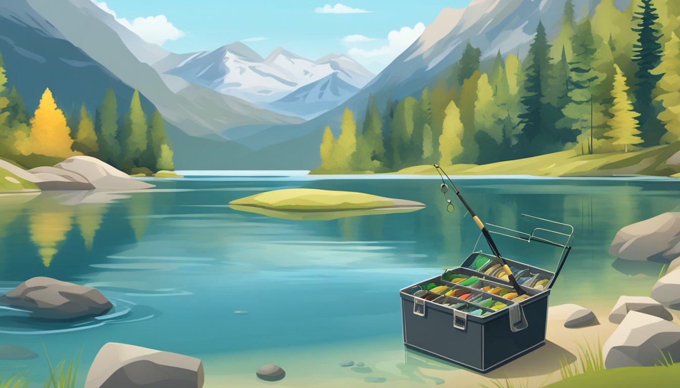 A serene lake surrounded by mountains, with a fishing rod and tackle box on the shore. A variety of game fish swim in the clear water