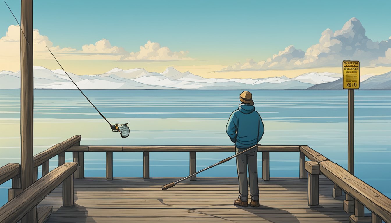 A person standing at a dock, holding a fishing rod and looking out at the vast ocean. A sign nearby displays information about obtaining a saltwater fishing license in Alaska