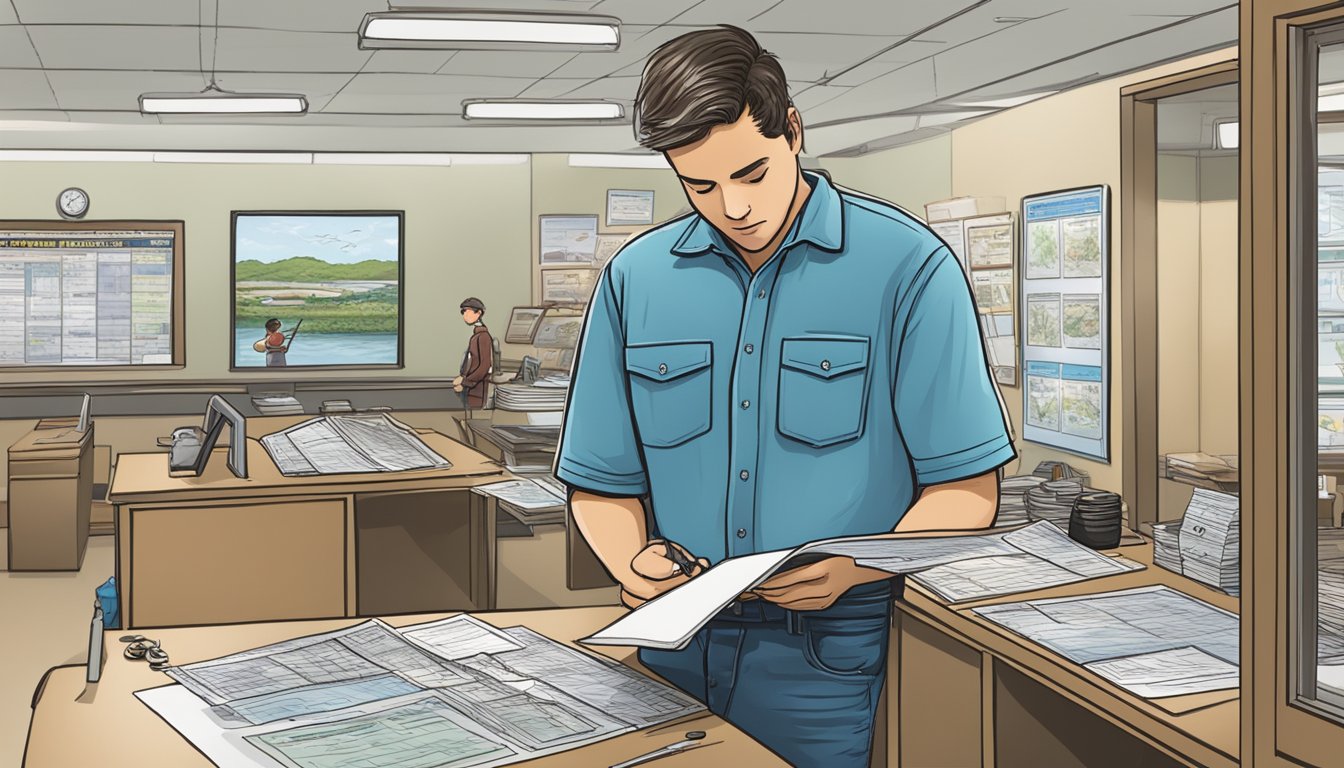 A person standing at a Connecticut fishing license office, filling out paperwork and paying for a saltwater fishing license