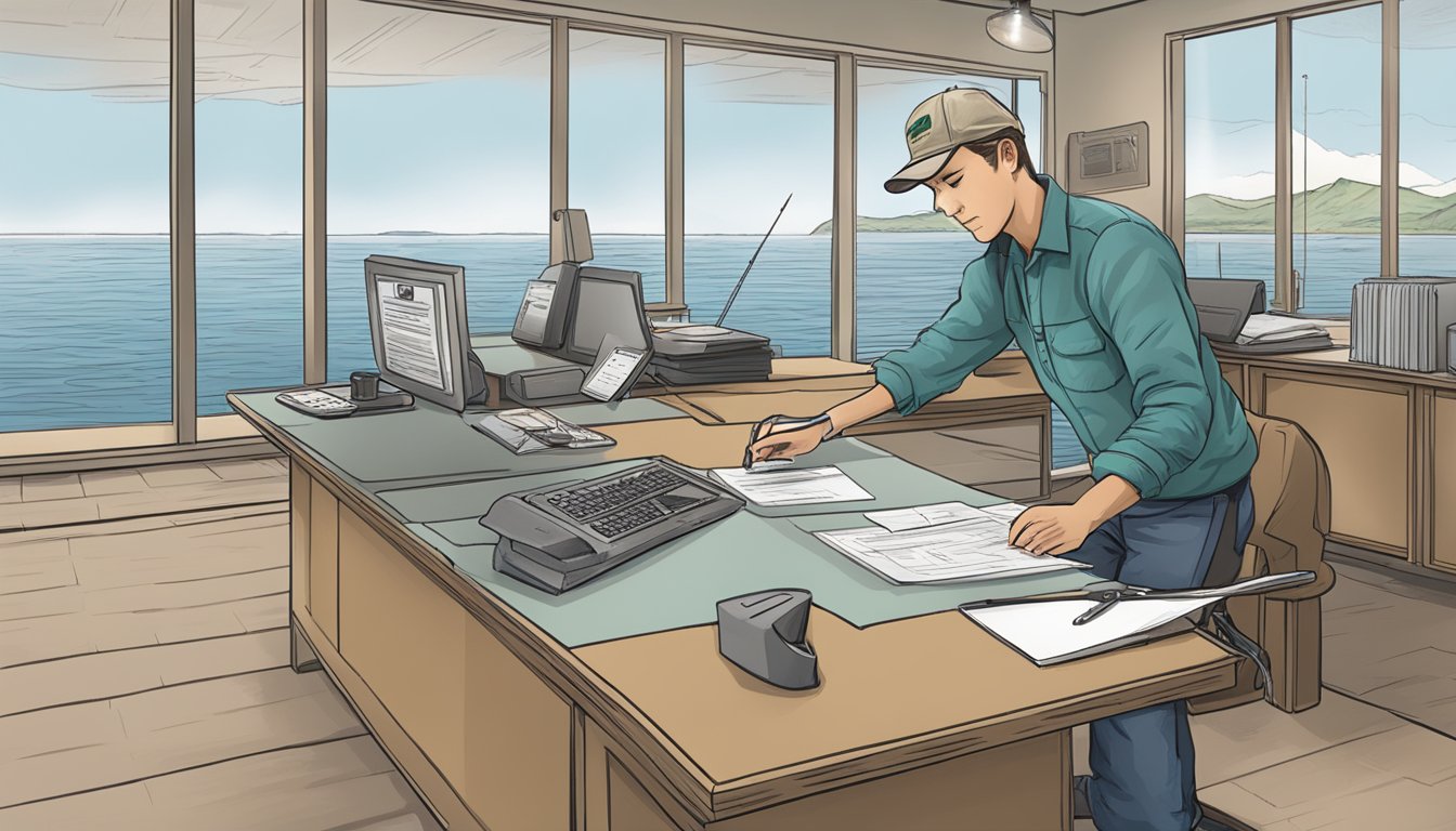 A person filling out a form at a government office, providing personal information and payment to obtain a saltwater fishing license in Alaska