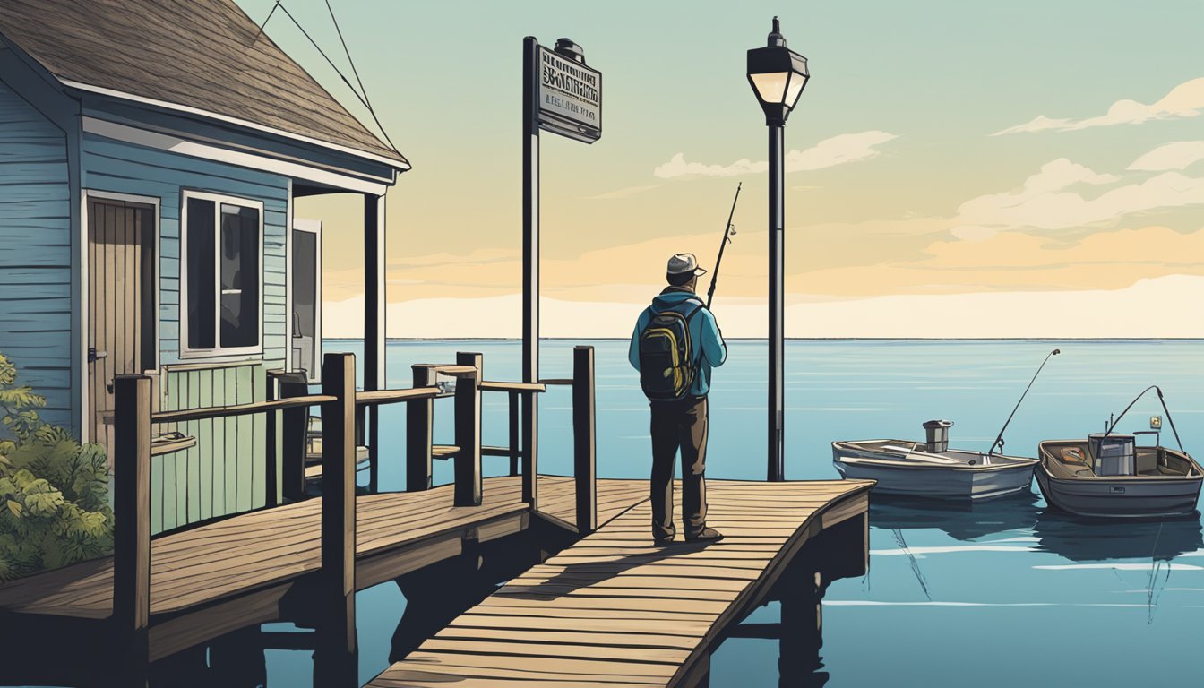 A person standing at a dock, holding a fishing rod and looking out at the ocean. A sign nearby displays information about obtaining a saltwater fishing license in New Hampshire