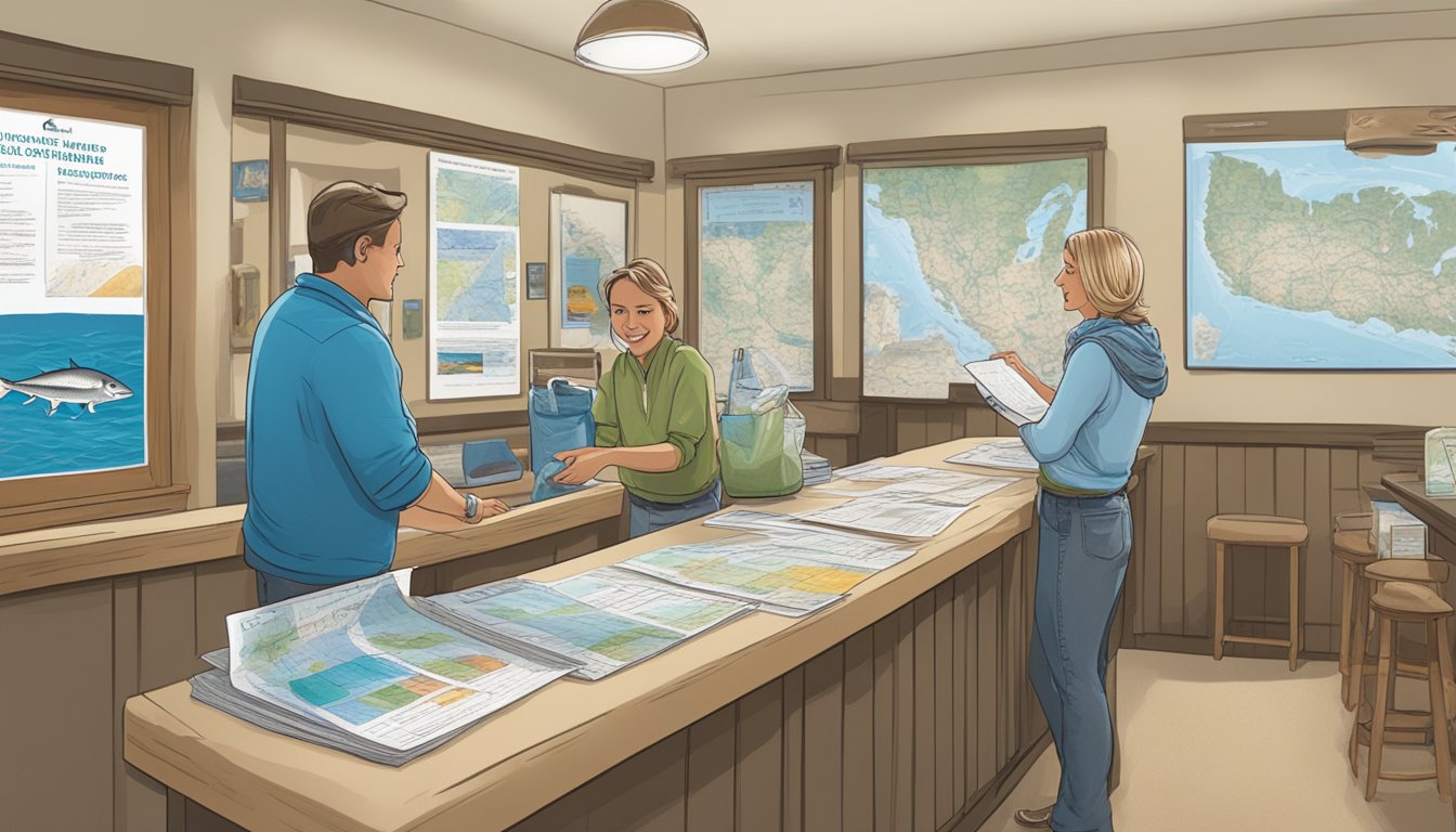 A person standing at a counter, filling out paperwork while speaking with a representative. Maps and brochures on the wall display information about saltwater fishing in New Hampshire