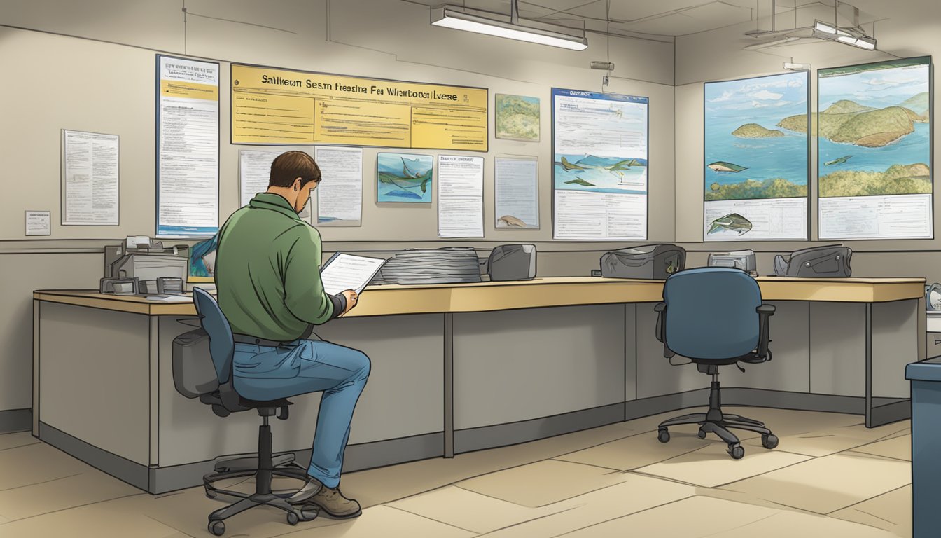 A person filling out a form at a California Department of Fish and Wildlife office, with a sign displaying "Saltwater Fishing License" on the wall