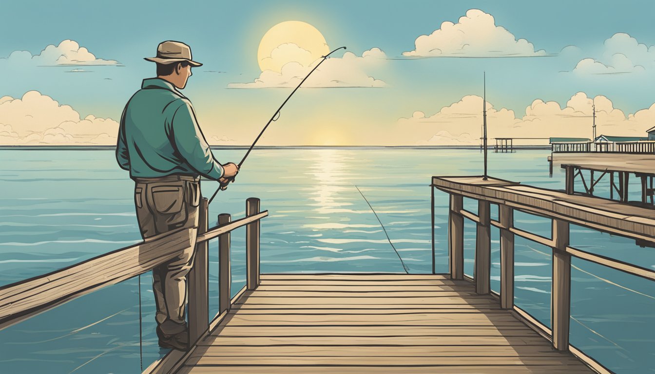 A person standing at a fishing pier, casting a line into the ocean with a sign nearby indicating "Saltwater Fishing License Required."