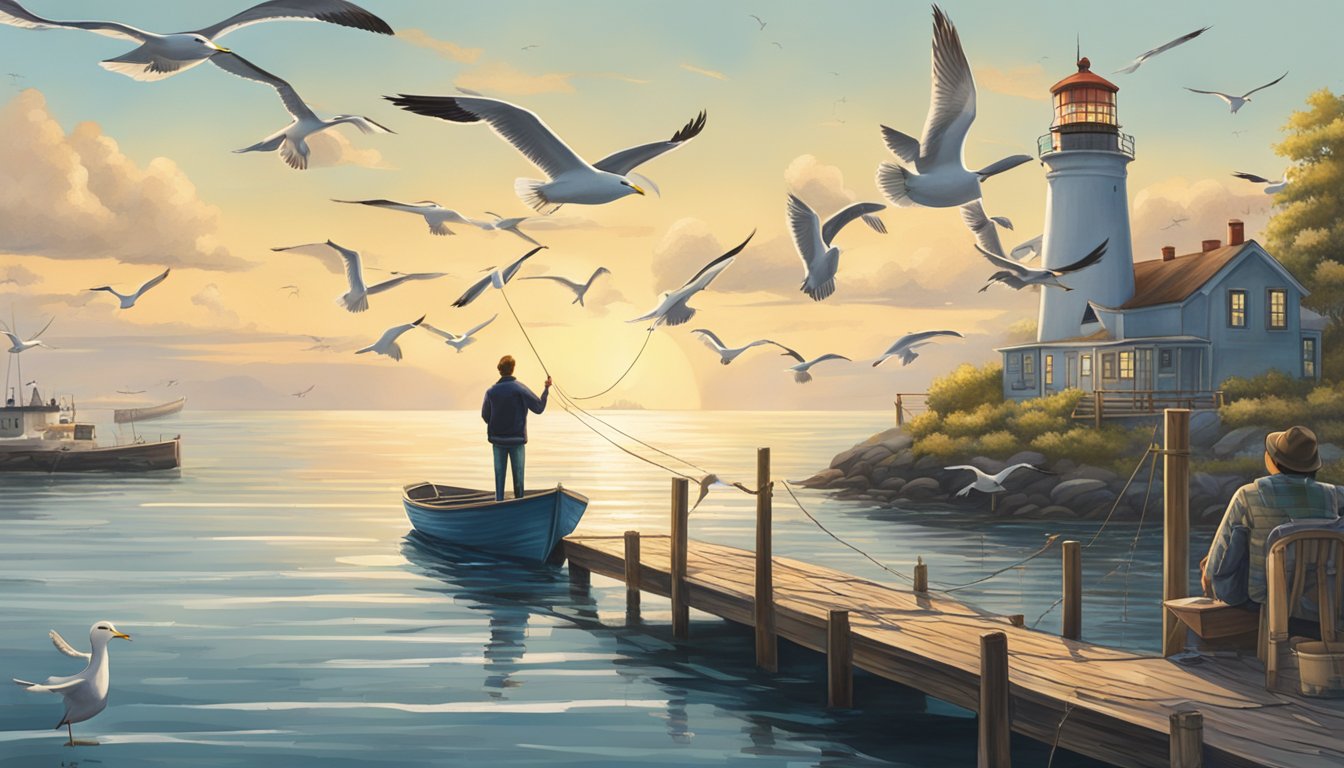 A person standing at a dock, casting a fishing line into the ocean from a small boat, with seagulls flying overhead and a lighthouse in the distance