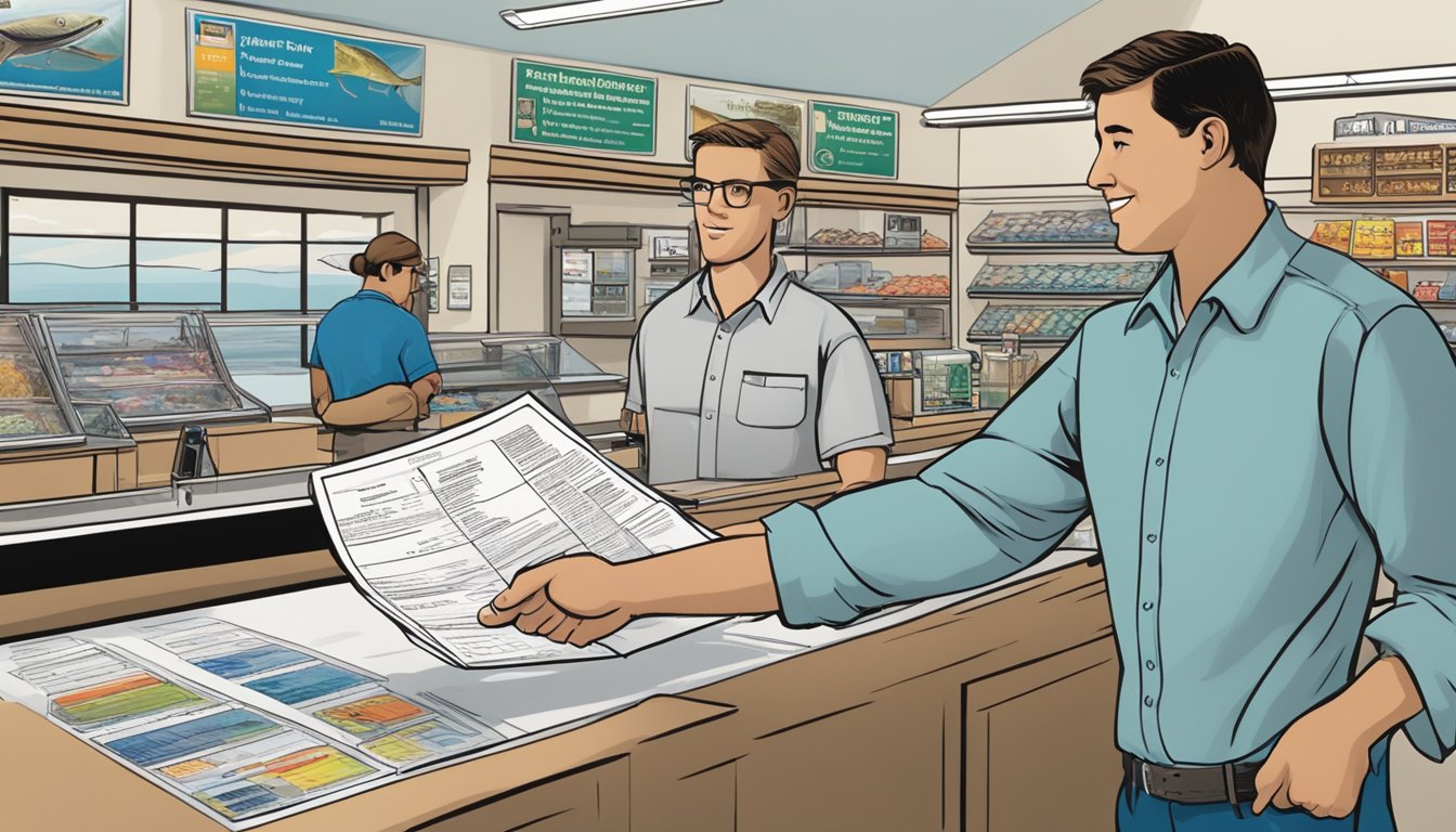 A person standing at a counter, talking to a Fish and Game Department employee about obtaining a saltwater fishing license in New Hampshire. The employee is pointing to a brochure or application form