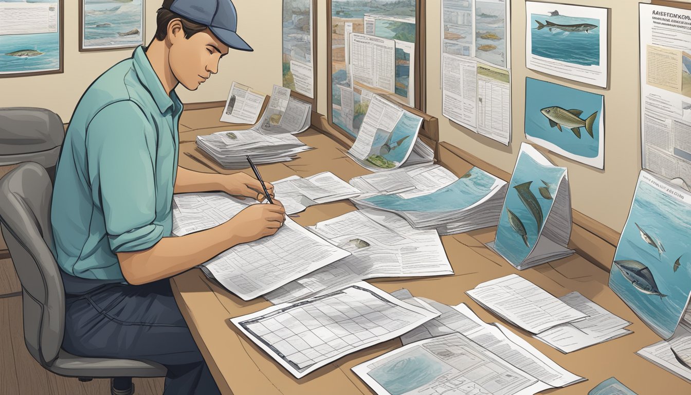 A person filling out a form at a government office, surrounded by posters and brochures about saltwater fishing in California