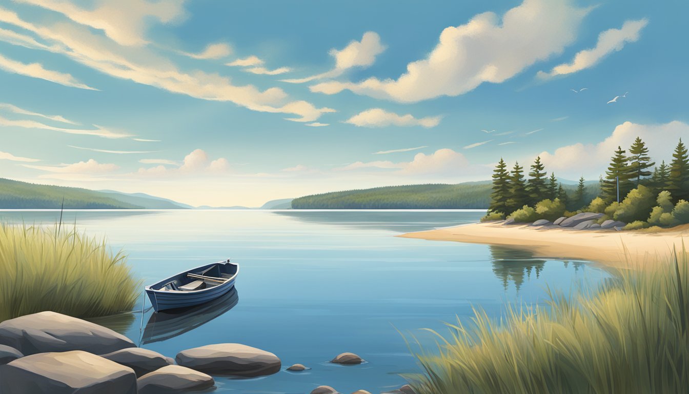 A serene coastal landscape with a small fishing boat, calm waters, and a clear blue sky, showcasing the peaceful enjoyment of saltwater fishing in New Hampshire