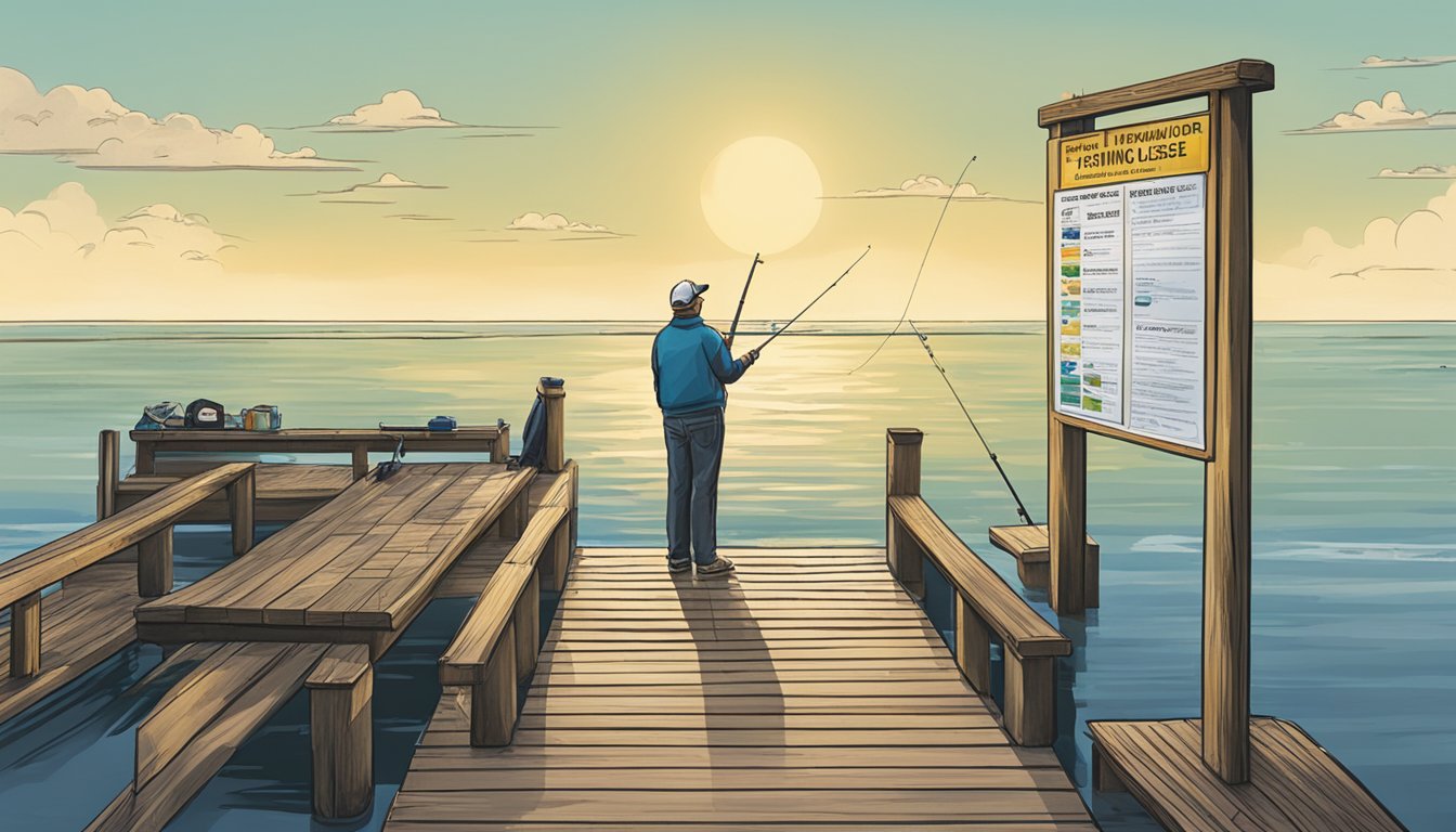 A person standing at a dock, holding a fishing rod and looking out at the ocean. A sign nearby displays information about obtaining a saltwater fishing license in Maryland