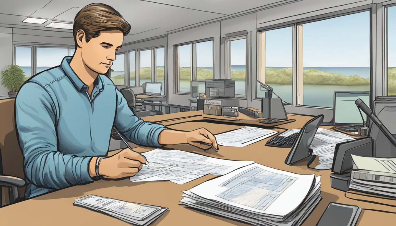 A person filling out a form at a government office, providing personal information and payment to obtain a saltwater fishing license in Massachusetts