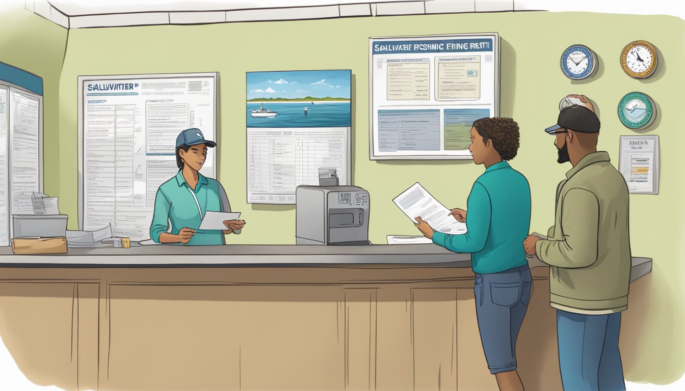 A person standing at a counter, filling out paperwork while talking to a clerk. A sign on the wall displays information about saltwater fishing permits