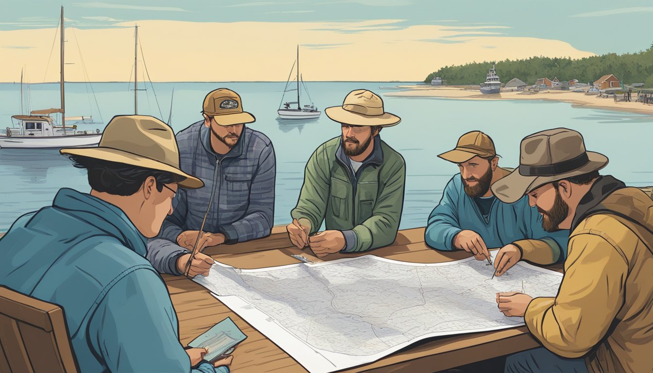 A group of anglers gather around a table, studying a map of Massachusetts coastline. A state official points to a diagram of the saltwater fishing license application process